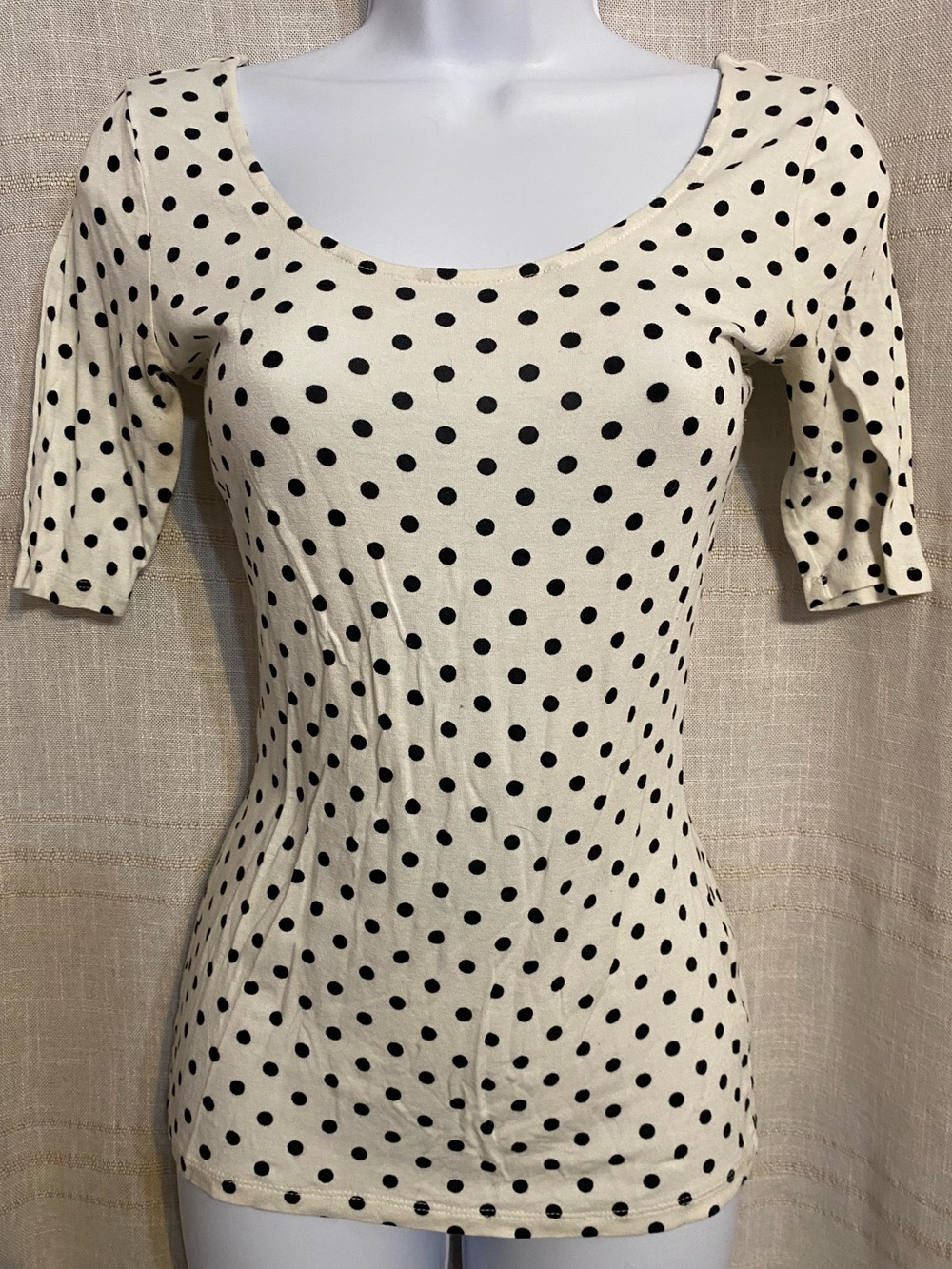 Vintage Bongo Polka Dot Scoop Neck Top Small S Cream Black Elbow Sleeve Retro